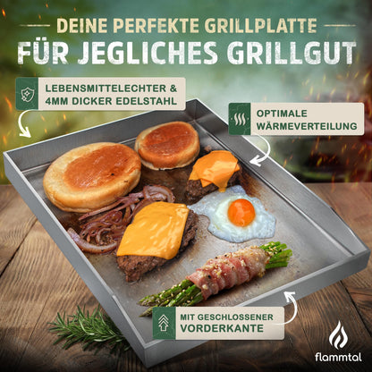 flammtal Grillplatte 4mm Edelstahl Plancha 40x30cm – Set