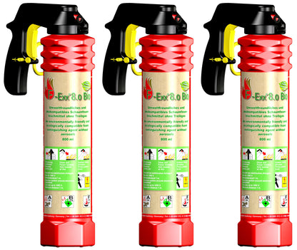 F-Exx 8.0 Bio Feuerlöscher – 3er-Pack inkl. Wandhalterung. Drei rote Zylinder zur Wandmontage. Löscht Entstehungsbrände.
