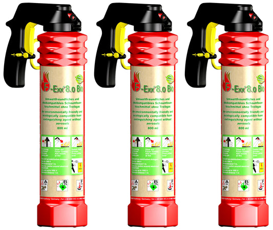 F-Exx 8.0 Bio Feuerlöscher – 3er-Pack inkl. Wandhalterung. Drei rote Zylinder zur Wandmontage. Löscht Entstehungsbrände.