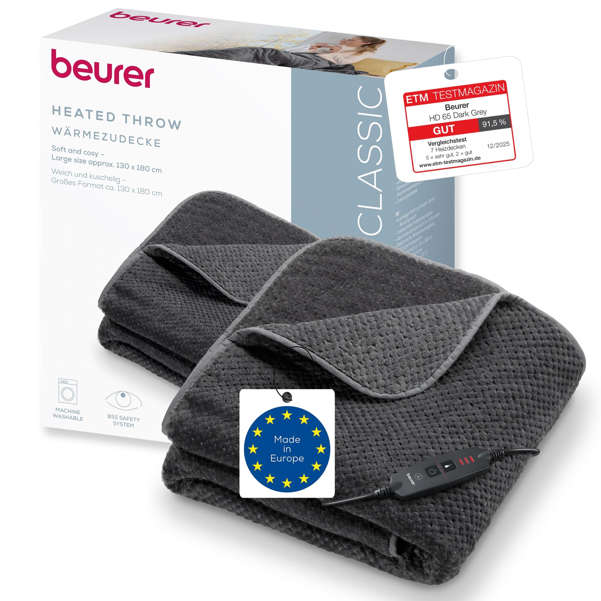 Beurer HD 65 Heizdecke, 3 Temperaturstufen, Abschaltautomatik, grau