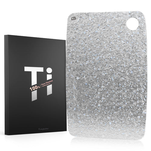 Titan Schneidebrett 100% Titanium Antibakteriell – 28x40 cm. Rechteckig, metallisch-silbern. Zur hygienischen Zubereitung von Lebensmitteln.