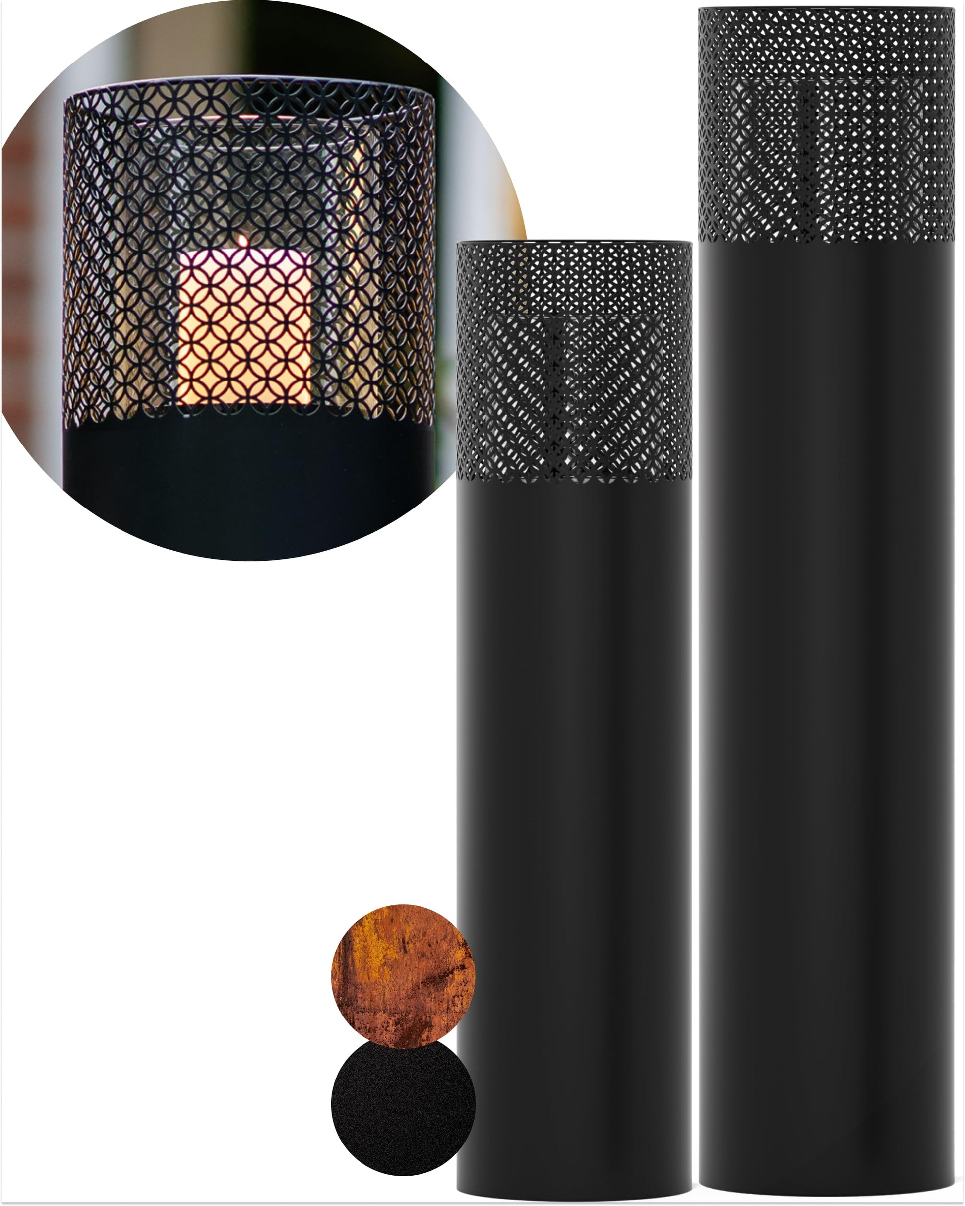 BENTSON Windlichtsäule Design I Schwarz – 2er Set 95+75cm: Zwei schwarze Metallsäulen für Kerzen, schützt Flammen dekorativ.