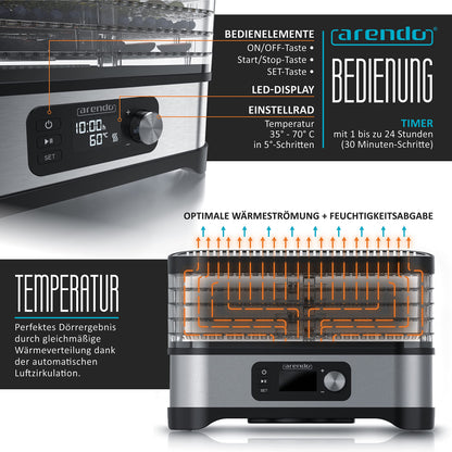 Arendo Dörrautomat Edelstahl 400W - 5 Fächer, Temp.regler