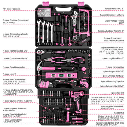DEKO 238-teiliges Werkzeugset mit 12-V-Akku-Bohrmaschine, rosa
