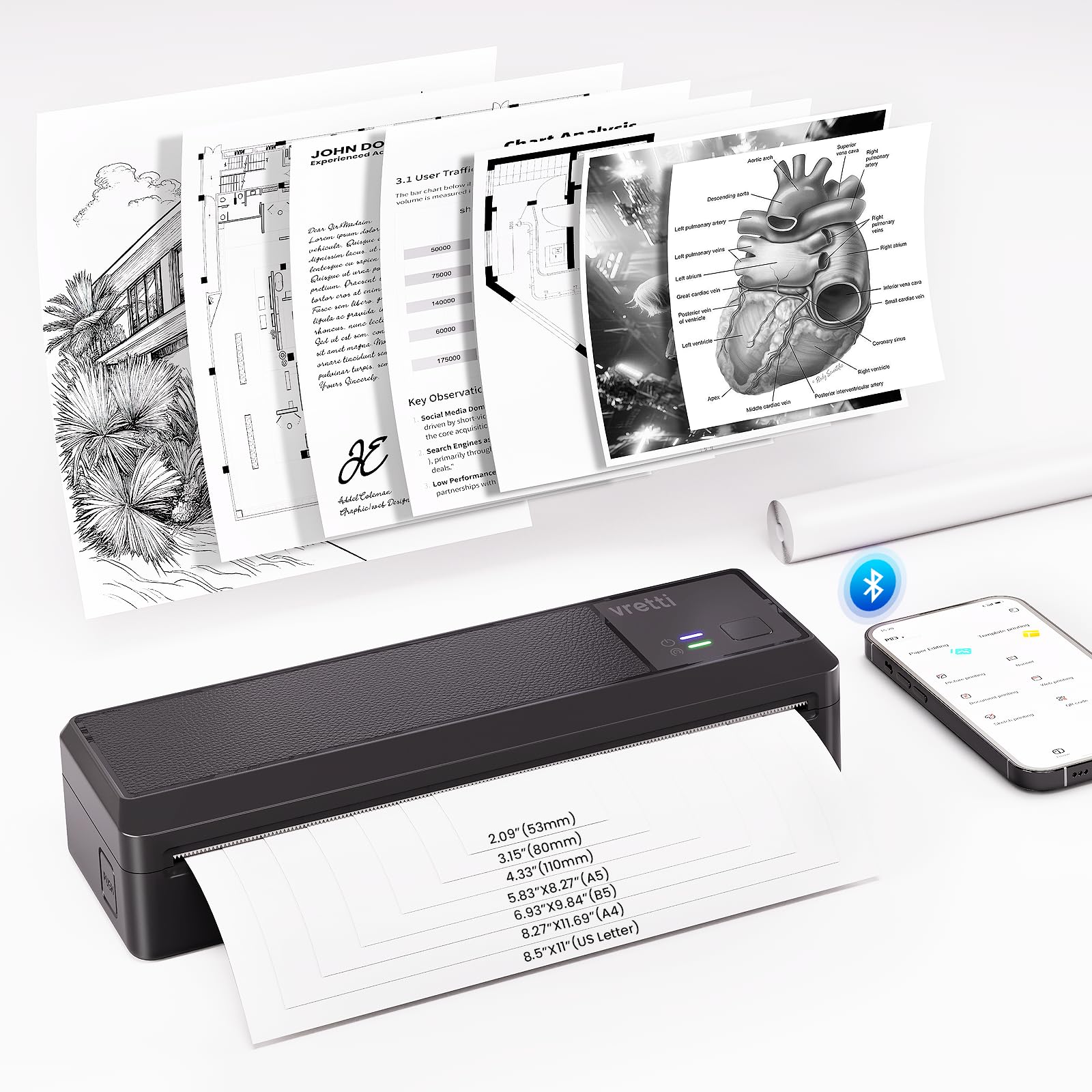 vretti P83 Mobiler Thermodrucker A4 mit Bluetooth und USB-C, kompakter Drucker für A4-Thermopapier