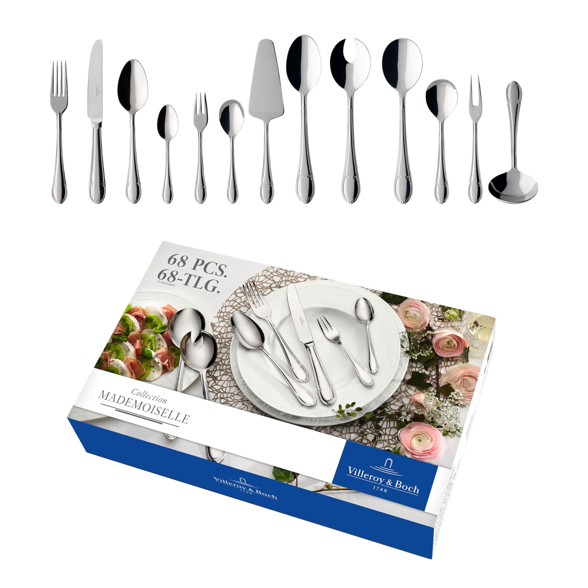 Villeroy & Boch Mademoiselle Tafelbesteck Set 68-teilig für 12 Personen. Silbern, elegant geformt zum Servieren von Mahlzeiten.