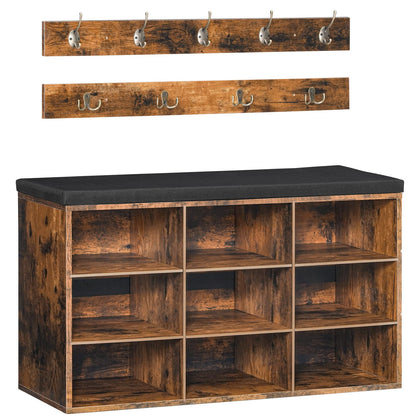 HOOBRO Garderobe EBF89HX01 – Rechteckige, vintagebraune Schuhbank-Wandgarderobe mit Sitzfläche und Haken. Für Schuhe und Kleidung im Flur.