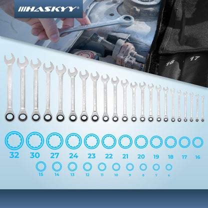 HASKYY Ringratschenschlüssel Satz 22-teilig, 6-32 mm, 72 Zähne