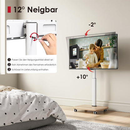 AOKCOS TV Ständer rollbar mit Holzablage für 32-65 Zoll, Weiss/Natur