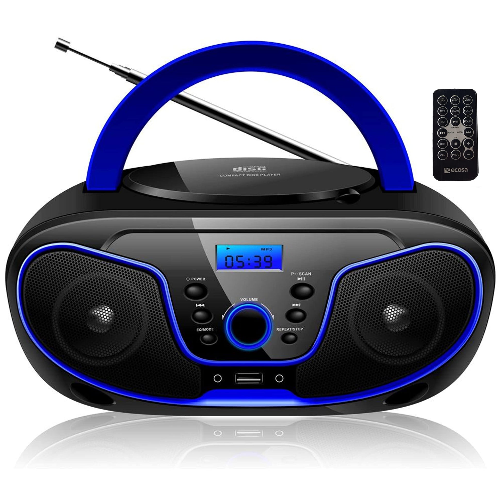 ecosa Tragbarer CD-Player Boombox mit UKW-Radio und USB, dunkelblau, mit Tragegriff und Teleskopantenne