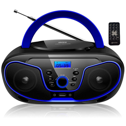 ecosa Tragbarer CD-Player Boombox mit UKW-Radio und USB, dunkelblau, mit Tragegriff und Teleskopantenne
