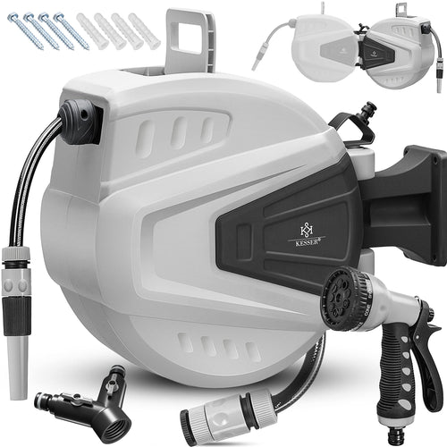 KESSER Automatische Wasserschlauchtrommel 32m Garten Grau. Graues, rundes Gehäuse. Ermöglicht automatischen Schlaucheinzug zur Gartenbewässerung.