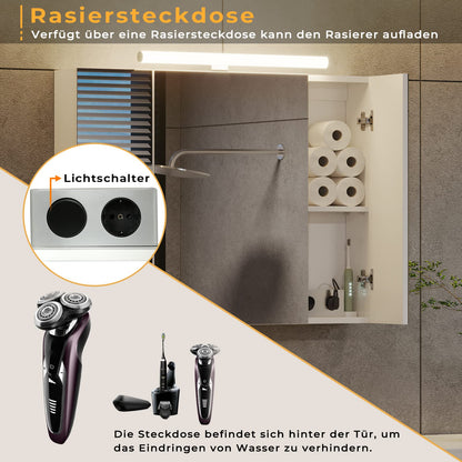 DICTAC Spiegelschrank Bad – 80x60cm Beleuchtung, Steckdose, 3 Türen