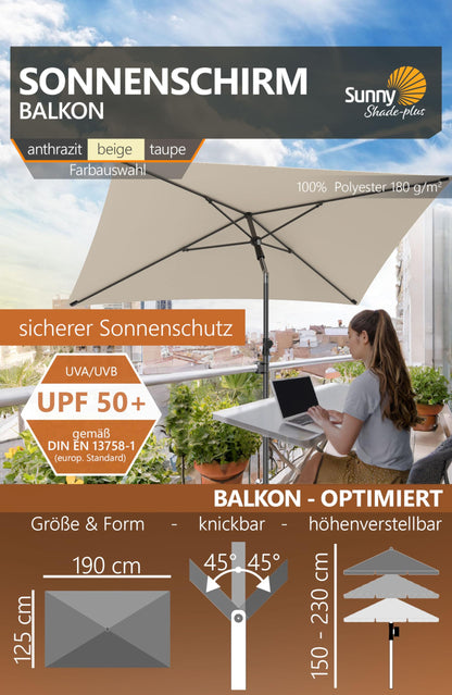 4smile SunnyShade Plus Sonnenschirm Balkon Set, 200 x 125 cm, Beige