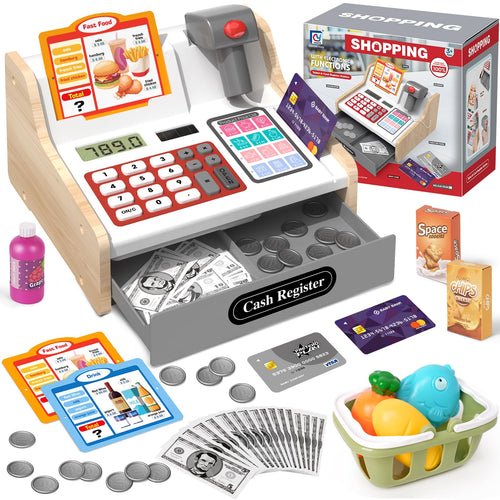 KIZJORYA Kinderkasse aus Holz mit Scanner und Rechner, Kaufladen inklusive Spielgeld und Einkaufskorb