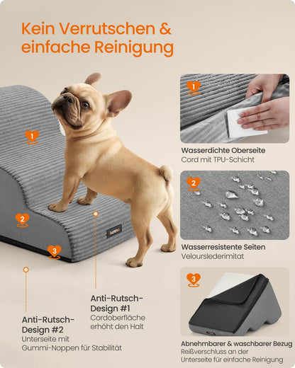 Feandrea Hundetreppe 3 Stufen, rutschfeste Haustiertreppe, taubengrau