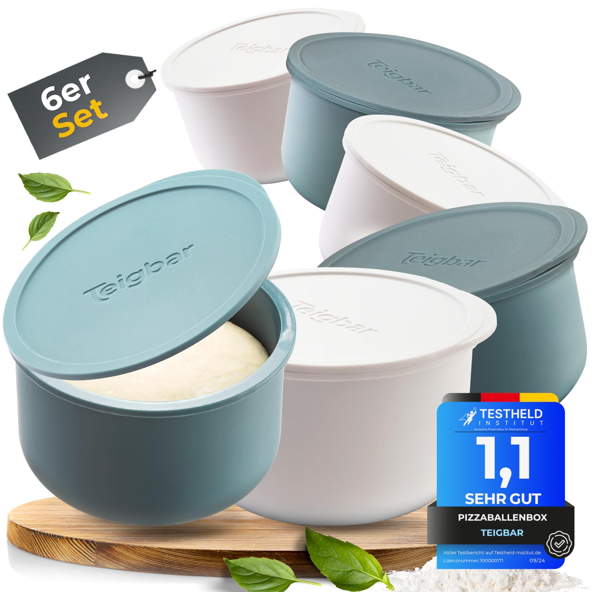 Teigbar Pizzaballen Teigbox 6er Set Silikon – Blau/Weiss Ø13cm: Sechs runde Gärbehälter für Pizzateigportionen.