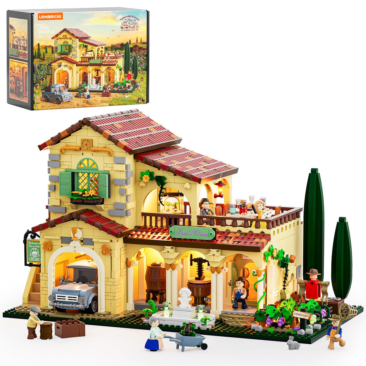 Lumibricks Weinbau-Anwesen Klemmbausteine-Set mit LED, 2800 Teile – Weingut-Modell mit Minifiguren