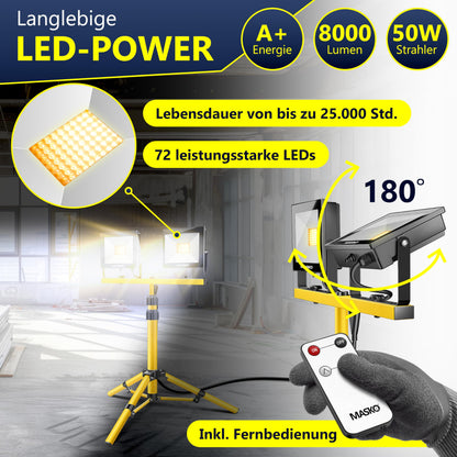 MASKO LED Baustrahler 2x50W mit Stativ und Fernbedienung IP65