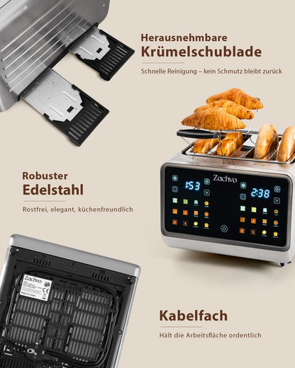 ZACHVO Toaster 4 Scheiben Edelstahl mit Touchscreen & 2 Toastzonen