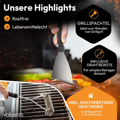 valuents Grillplatte Plancha Edelstahl 30 x 20 cm mit Grillspachtel