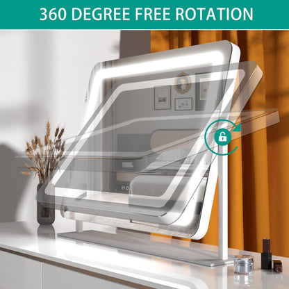 Hasipu Schminkspiegel mit Beleuchtung, 55 x 45 cm LED Kosmetikspiege mit 10x Vergrößerung, 3 Farbtemperatur Licht, Dimmbar, Smart Touch Control Tischspiegel, 360° Drehung, Spiegel für Make-up Weiß