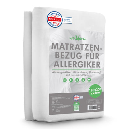 Welldora Premium Milbenbezug Matratze 180x200x28 cm - Allergiker. Weißer, rechteckiger Encasing zum Umhüllen der Matratze für Staubmilbenschutz.