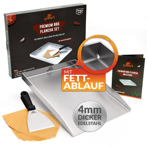 grillart Plancha Grillplatte Edelstahl 4 mm 30x40 cm mit Grillspachtel, rechteckige Form
