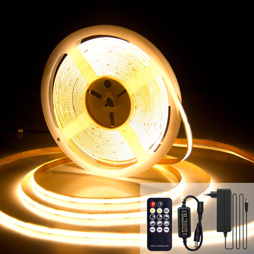 luktix COB LED Streifen 10m warmweiss 3000K dimmbar mit Fernbedienung – 8 mm breites Lichtband mit Netzteil