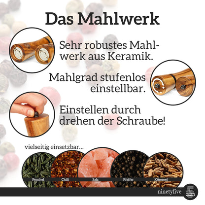 ninetyfive® Salz- & Pfeffermühlen Set Akazienholz 21cm