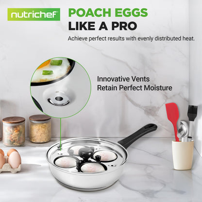NutriChef Eier-Pochierer Edelstahl 20 cm für 4 Eier mit Glasdeckel