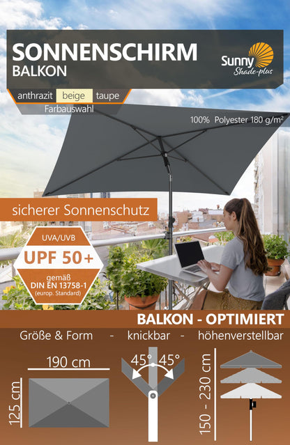 Menz Sonnenschirm Balkon Set 3-in-1 Anthrazit UPF 50+ 200 x 125 cm