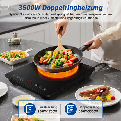 AMZCHEF Induktionskochplatte Einzel, 3500 W, Doppelring, 9 Stufen