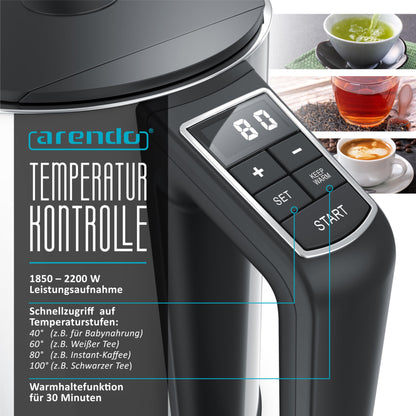 Arendo ELEGANT Wasserkocher - Edelstahl 1.5L Temperatur Weiss