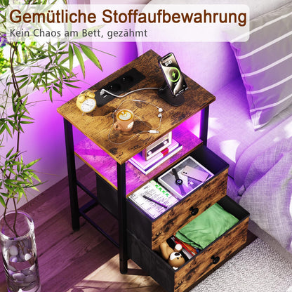 AMHANCIBLE Nachttisch mit LED, Ladestation und 2 Stoffschubladen