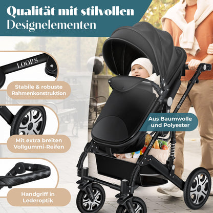 KESSER Loops 4-in-1 Kombikinderwagen mit Babyschale, Schwarz