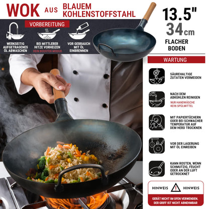YOSUKATA Voreingebrannter Karbonstahl Wok Pfanne - 34cm Flacher Boden