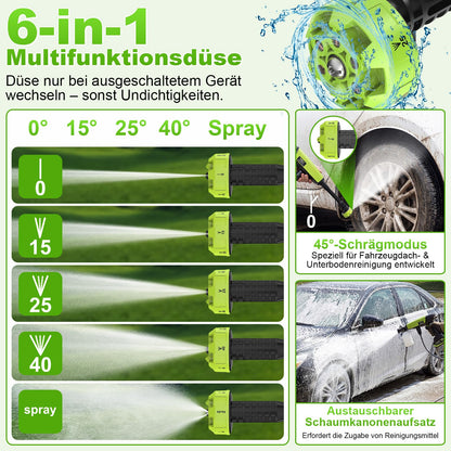 VOERJIA Akku-Hochdruckreiniger 21V 70 Bar mit 2 Akkus und 6-in-1 Düse