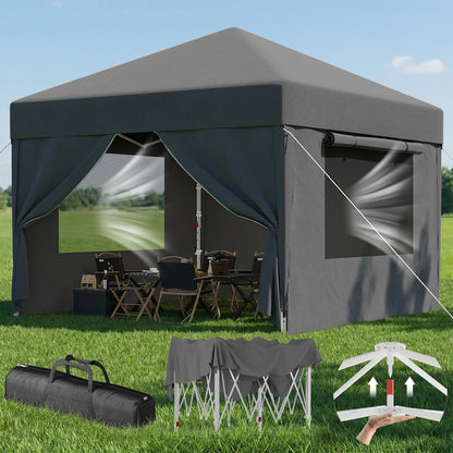 Devoko Faltpavillon 3x3 m wasserdicht mit Seitenwänden, dunkelgrau, mit Netzfenstern