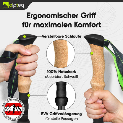 Alpteq Wanderstöcke faltbar aus Aluminium mit Korkgriff, Lime Green