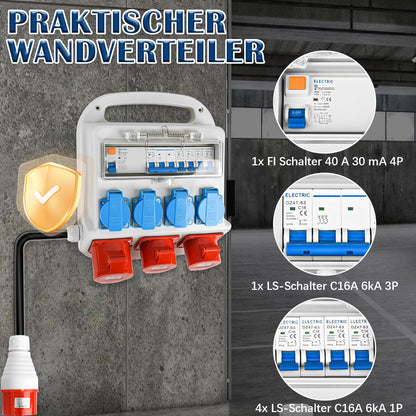 Warmfay Wandverteiler Baustrom - CEE 16A/32A, 4x 230V, FI/LS IP67