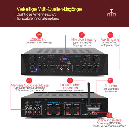Pyle 500W Bluetooth Verstärker 4-Kanal Stereo Receiver mit FM-Radio