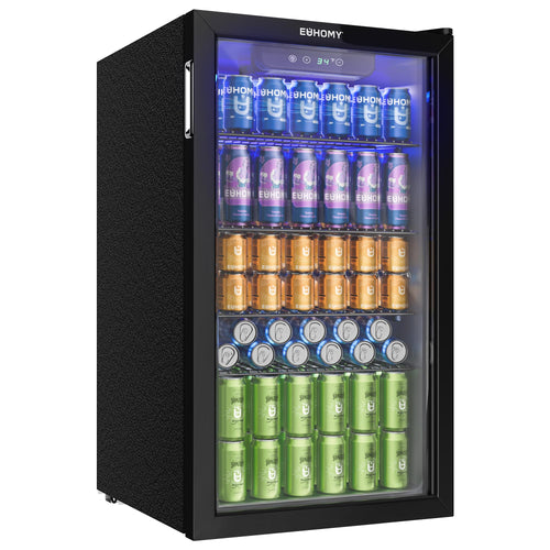 EUHOMY Getränkekühlschrank 90 L mit Glastür, schwarzer Edelstahl, blaue LED-Innenbeleuchtung