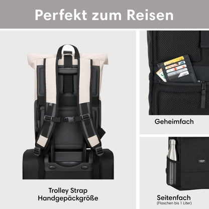 LARKSON No 4 Rolltop Rucksack mit Laptopfach, beige-grau