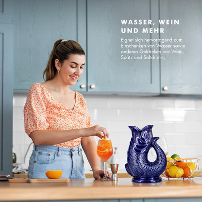 Bubble Jug Wasserkaraffe Keramik in Fischform, 1,5 L, Dunkelblau
