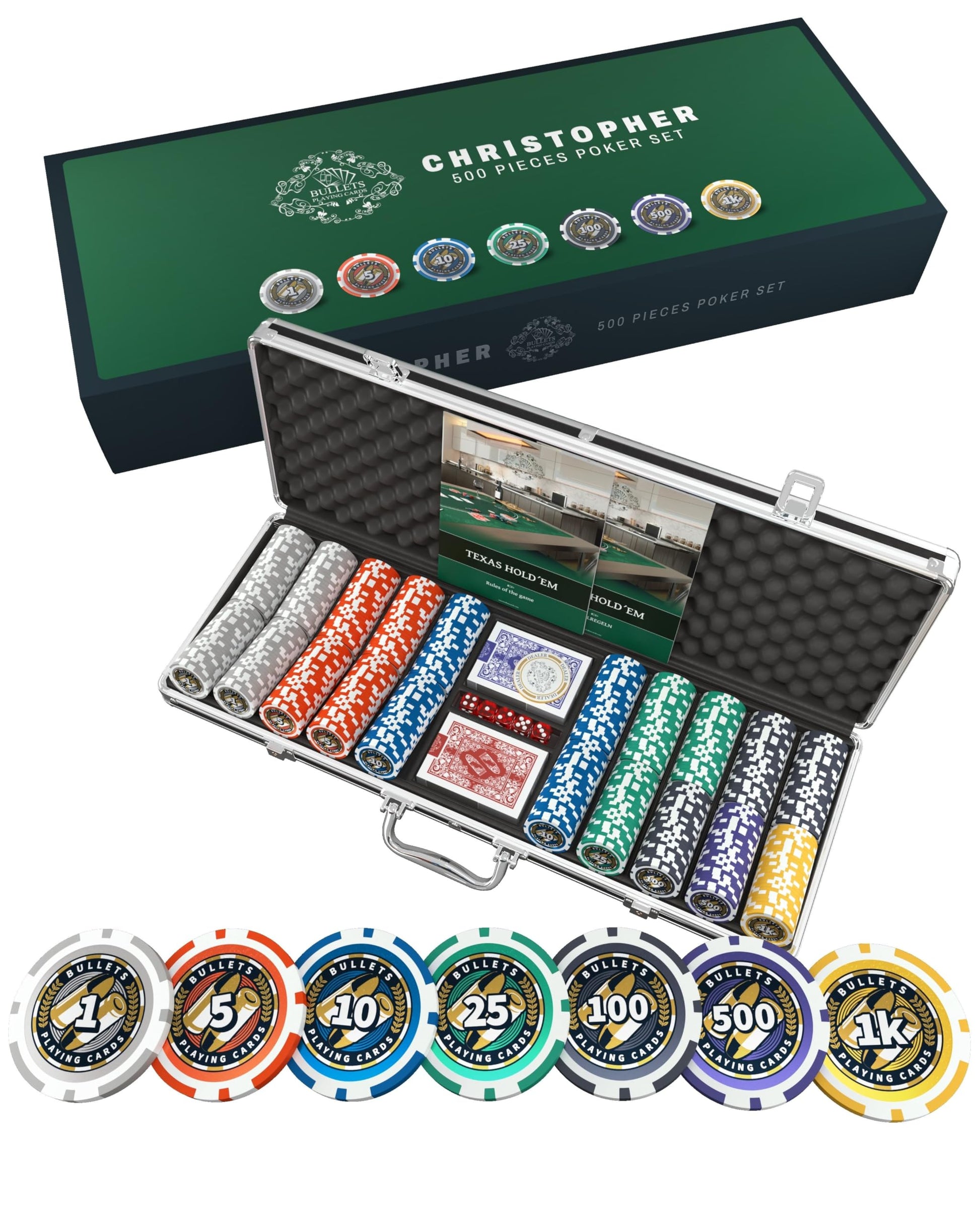 Bullets Playing Cards Pokerkoffer Deluxe Christopher Pokerset – 500 Chips. Rechteckiger Koffer, 500 Chips, Spielkarten für Pokerrunden.