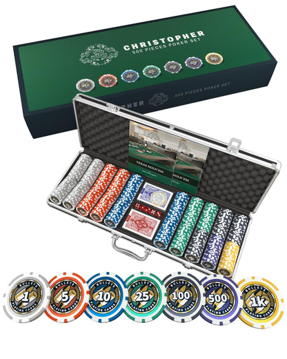 Bullets Playing Cards Pokerkoffer Deluxe Christopher Pokerset – 500 Chips. Rechteckiger Koffer, 500 Chips, Spielkarten für Pokerrunden.
