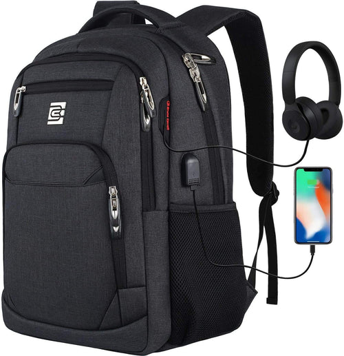 Marcello Laptop Rucksack 17,3 Zoll mit USB-Ladeanschluss, Retro-Schwarz und atmungsaktiver Netzrückseite