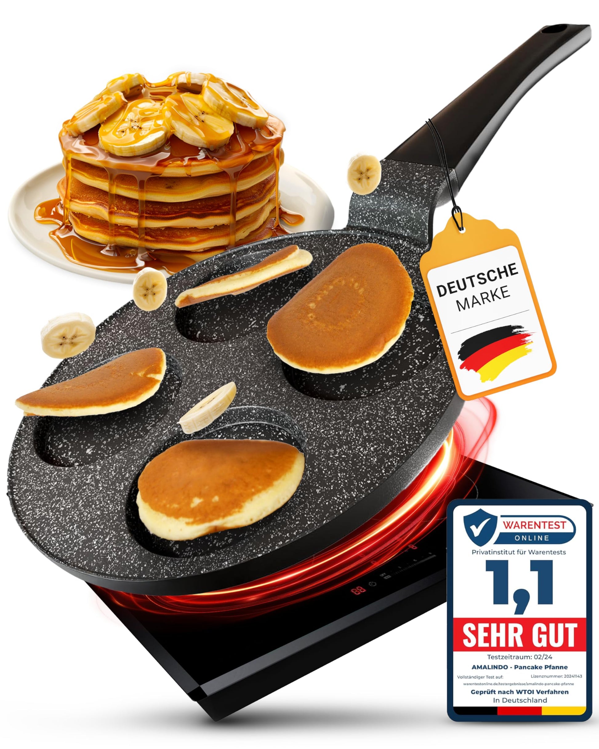 Amalindo Pancake Pfanne 4 Loch, Ø 26 cm, Induktion, Antihaft aus Aluminiumguss mit vier runden Mulden