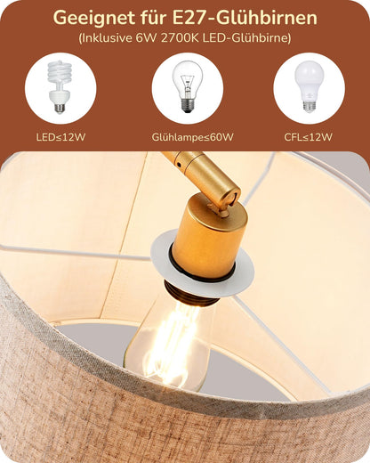 EDISHINE Bogenlampe Gold 161cm - Beiger Leinen-Schirm